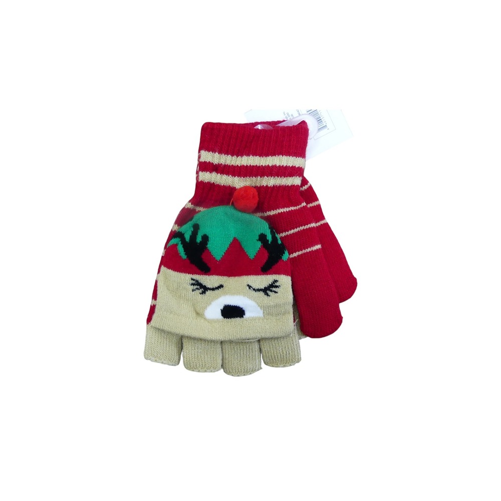 Style 5 Convertible Mitten Gloves Kids One Size Red NWT Reindeer Holiday Knit